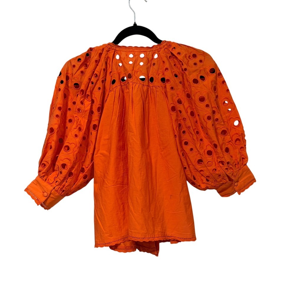 Anthropologie Orange Eyelet Puff Sleeve Blouse Tie Neck Button Front XSP - Picture 3 of 10